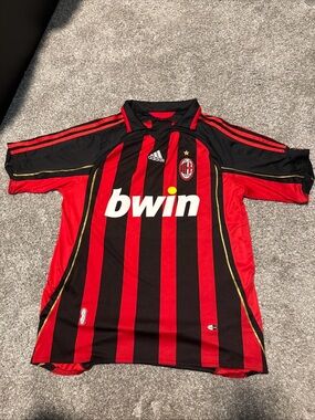 AC Milan Red & Black Striped Soccer Jersey - Adidas Size XL